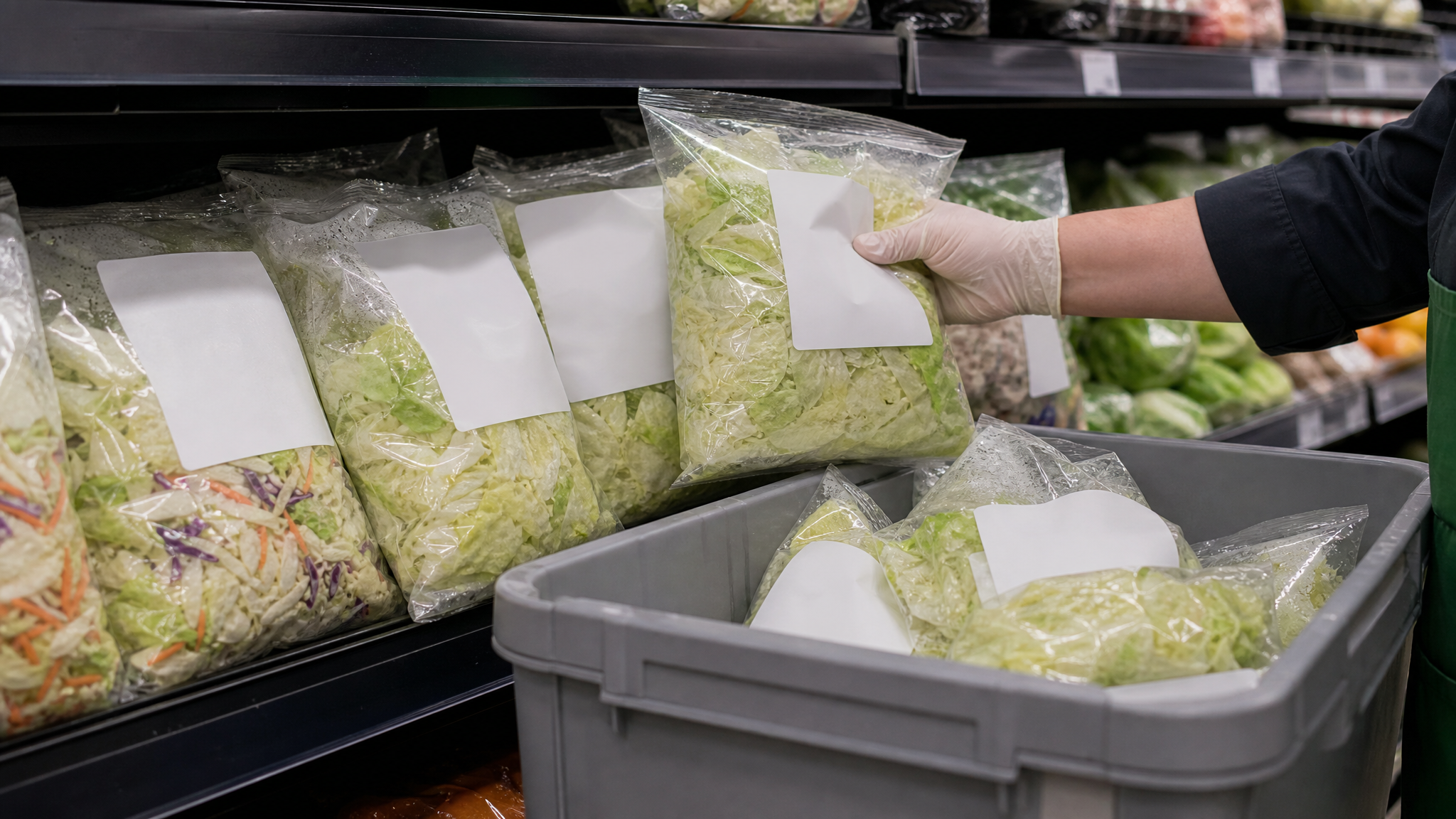 마트 직원이 리콜된 채썬 아이스버그 양상추 봉지를 진열대에서 회수하는 모습 Taylor Farms lettuce recall cyclospora Indiana