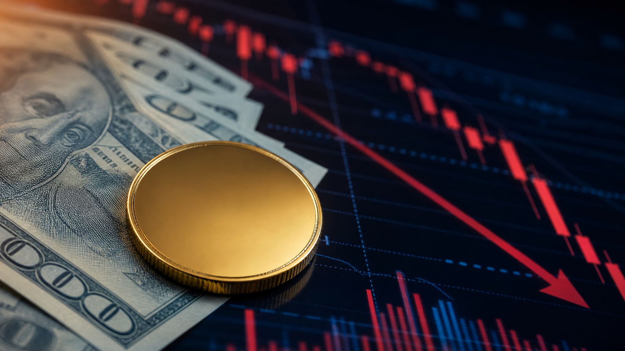 트럼프 밈코인 TRUMP coin 폭락과 투자자 손실을 상징하는 하락 차트와 금화 이미지